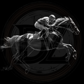 Black and white illustration of a jockey on a horse