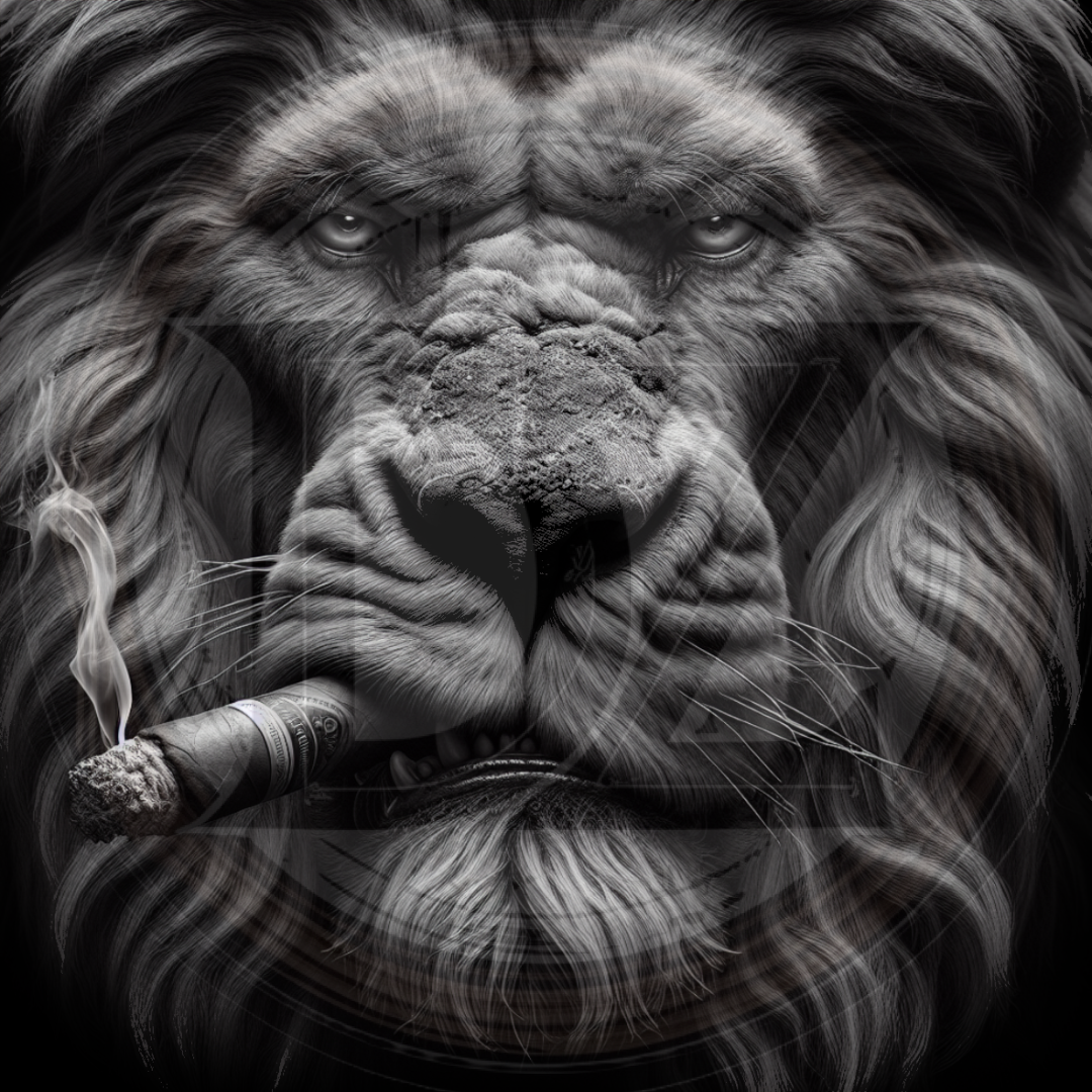 Black and white image of a lion smoking a cigar