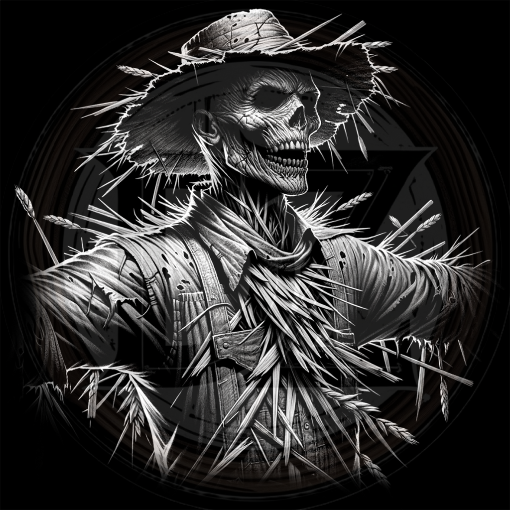 Black and white illustration of a skeleton scarecrow with a hat and straw body on a dark background.