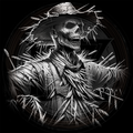 Black and white illustration of a skeleton scarecrow with a hat and straw body on a dark background.