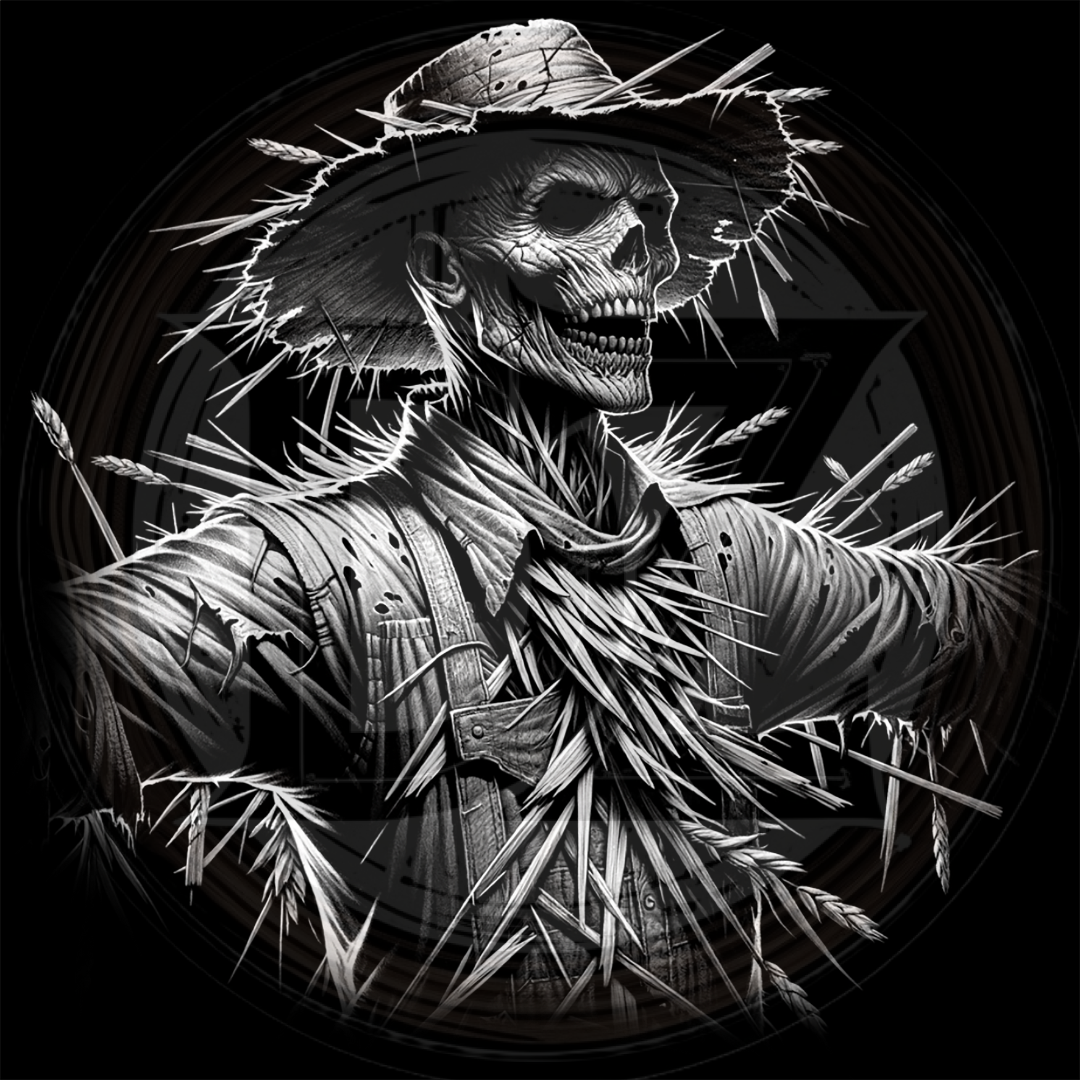 Black and white illustration of a skeleton scarecrow with a hat and straw body on a dark background.