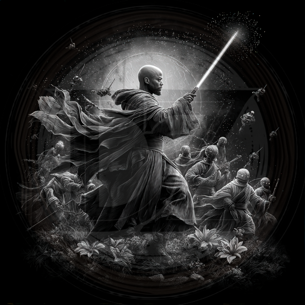 Monochrome illustration of a Jedi warrior with a lightsaber surrounded by stormtroopers.