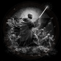 Monochrome illustration of a Jedi warrior with a lightsaber surrounded by stormtroopers.