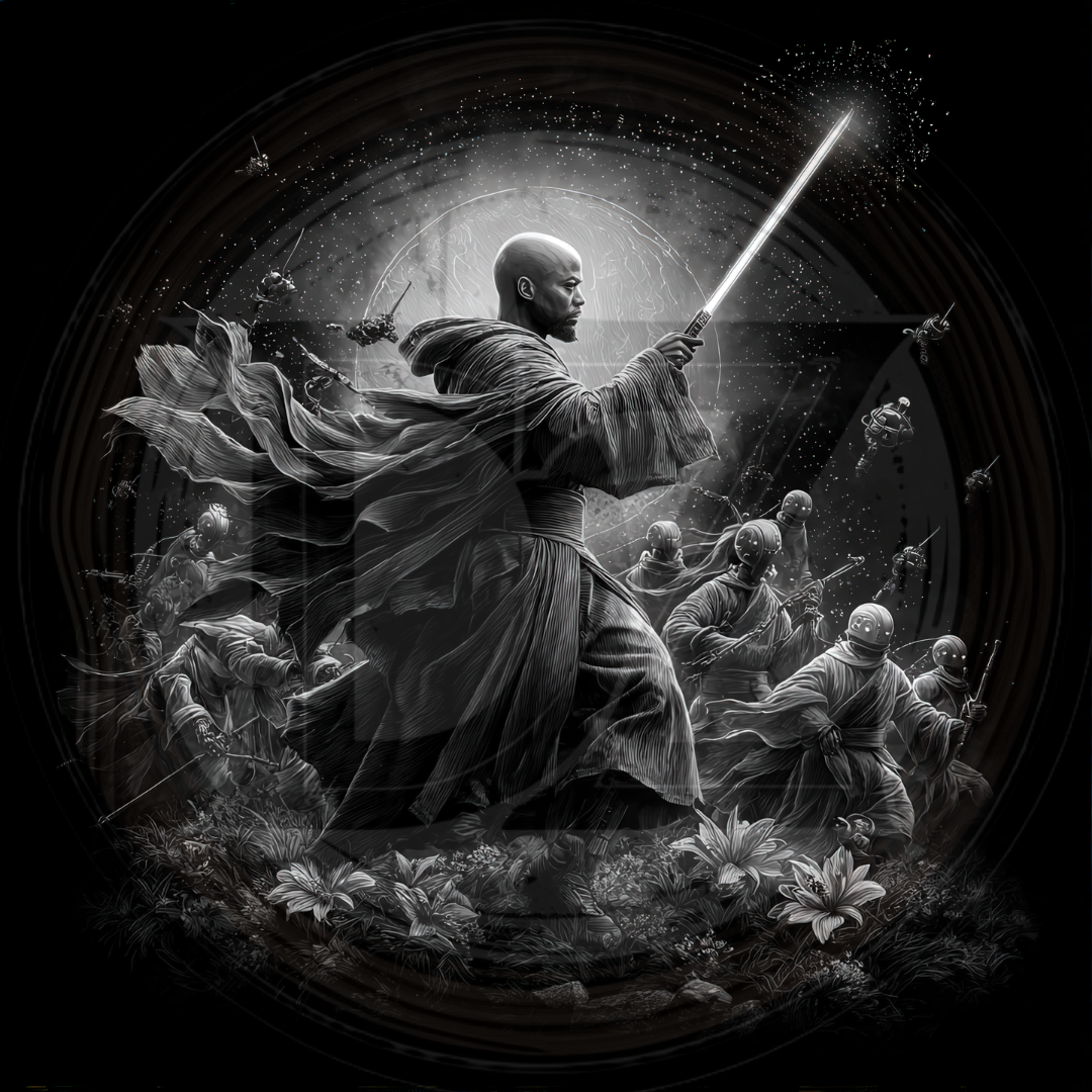 Monochrome illustration of a Jedi warrior with a lightsaber surrounded by stormtroopers.