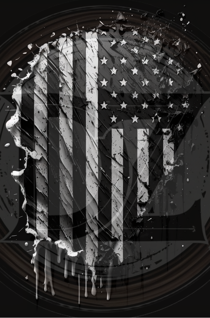 Black and white distressed American flag design on a circular background