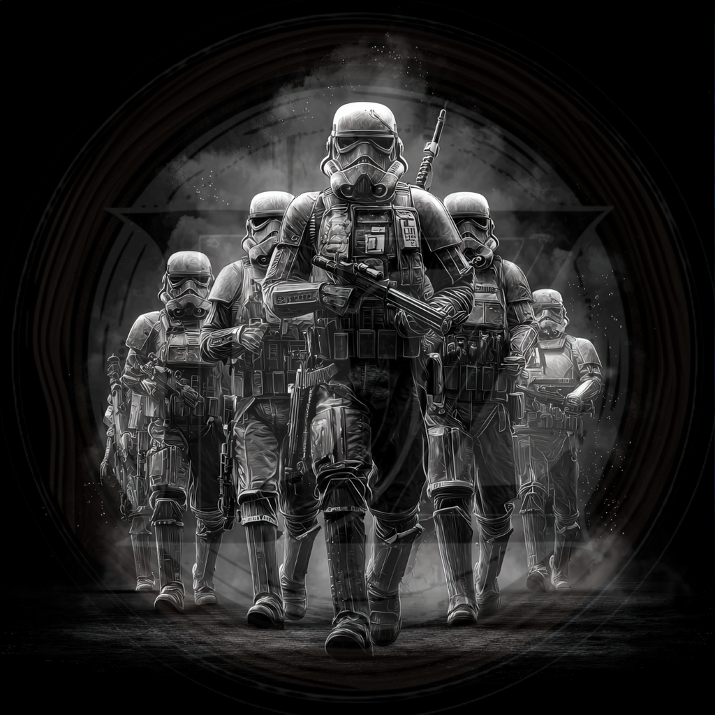 Group of stormtroopers in a dark, circular frame