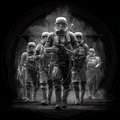 Group of stormtroopers in a dark, circular frame