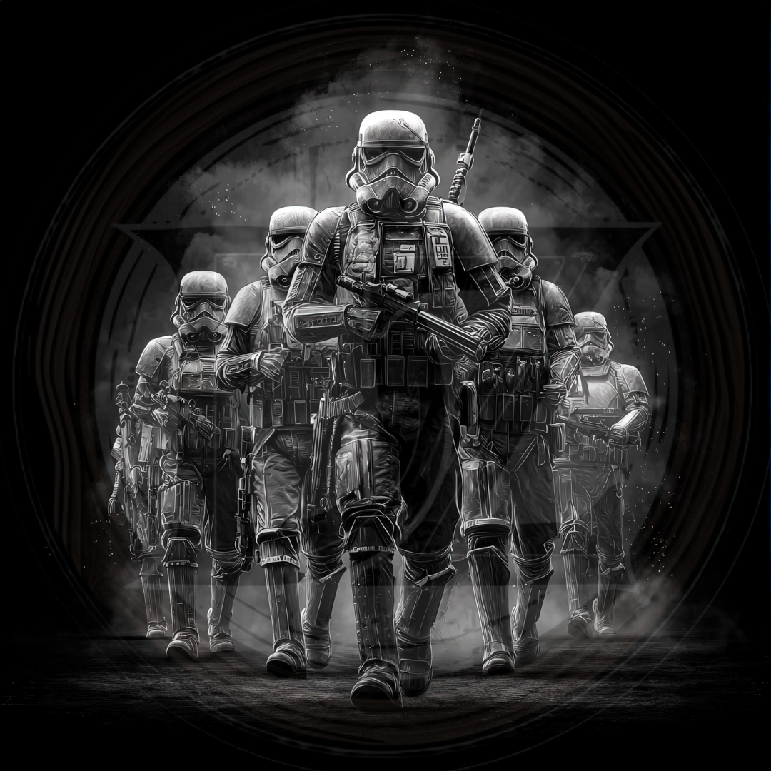 Group of stormtroopers in a dark, circular frame