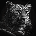 Black and white illustration of a leopard's face