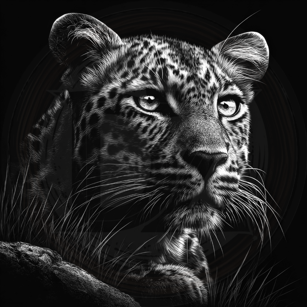 Black and white illustration of a leopard's face