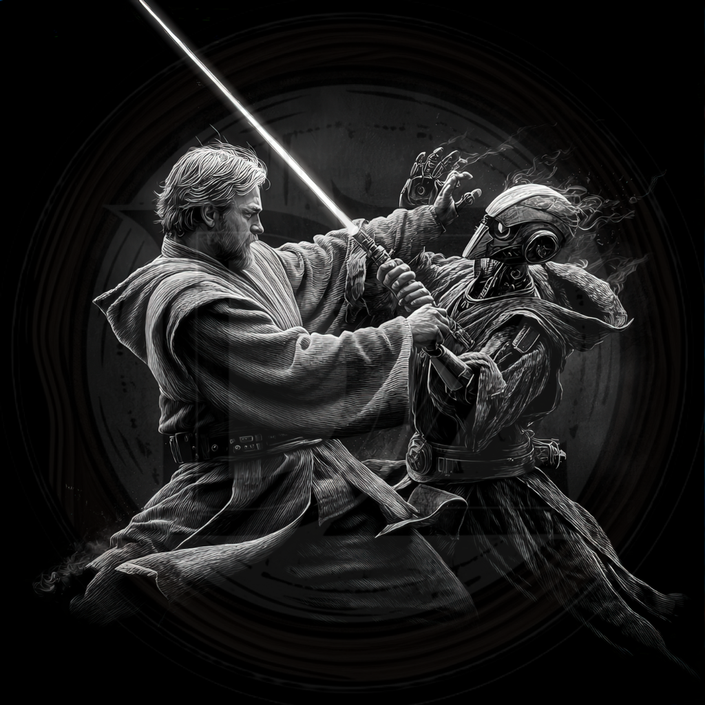 Black and white illustration of a Jedi warrior with a lightsaber confronting a droid.