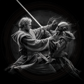 Black and white illustration of a Jedi warrior with a lightsaber confronting a droid.