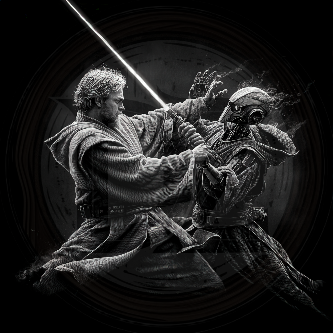 Black and white illustration of a Jedi warrior with a lightsaber confronting a droid.