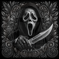Character with a mask holding a knife surrounded by ornate patterns on a dark background