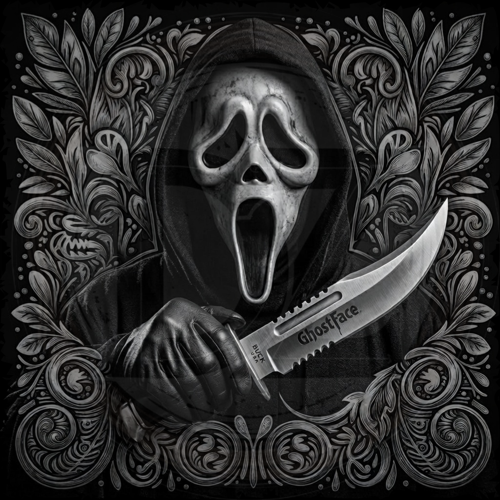 Character with a mask holding a knife surrounded by ornate patterns on a dark background