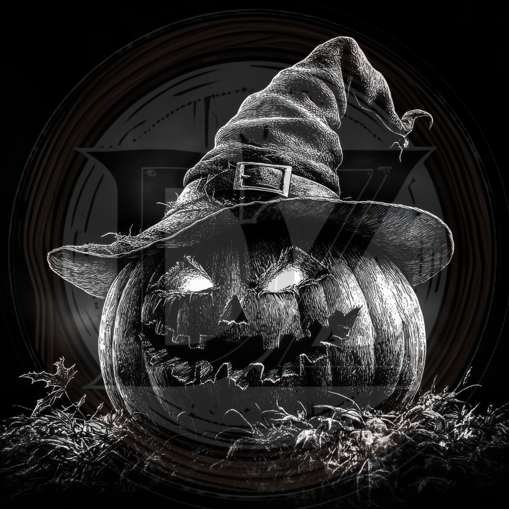 Carved pumpkin with a witch hat on a dark background