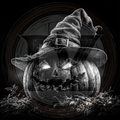 Carved pumpkin with a witch hat on a dark background