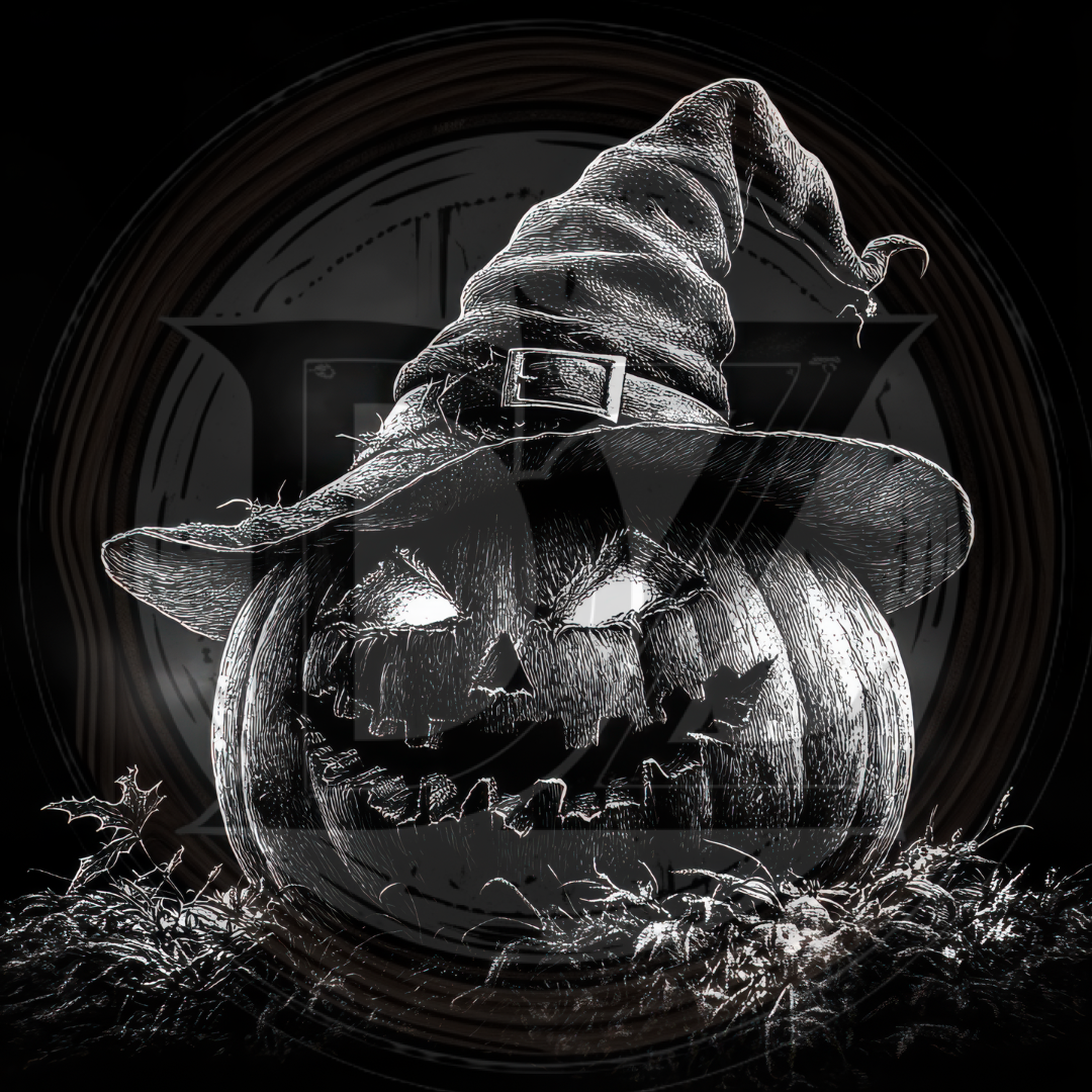 Carved pumpkin with a witch hat on a dark background