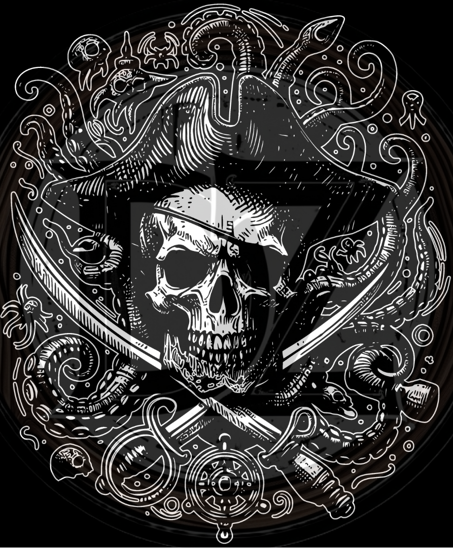 Black and white illustration of a skull with crossed swords and decorative elements on a dark background
