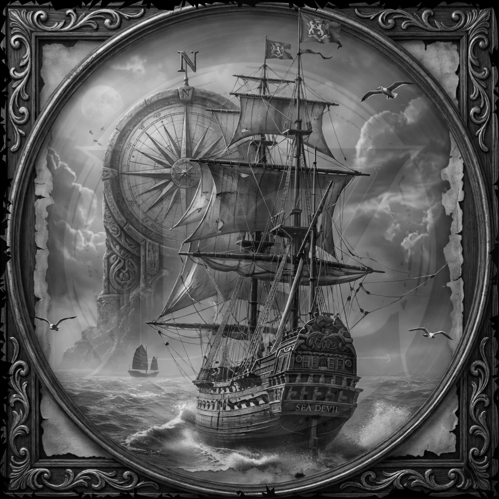 Black and white ship illustration with decorative frame and compass