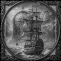 Black and white ship illustration with decorative frame and compass