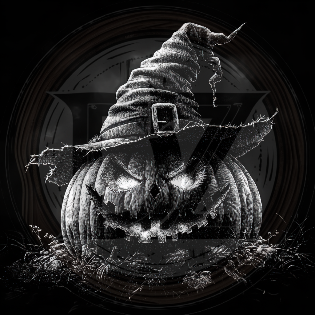 Carved pumpkin with a witch hat on a dark background