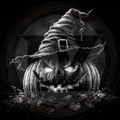 Carved pumpkin with a witch hat on a dark background