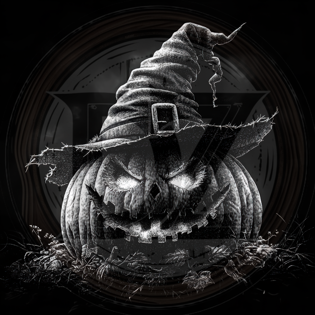 Carved pumpkin with a witch hat on a dark background