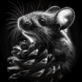 Black and white illustration of a mouse with a pine cone