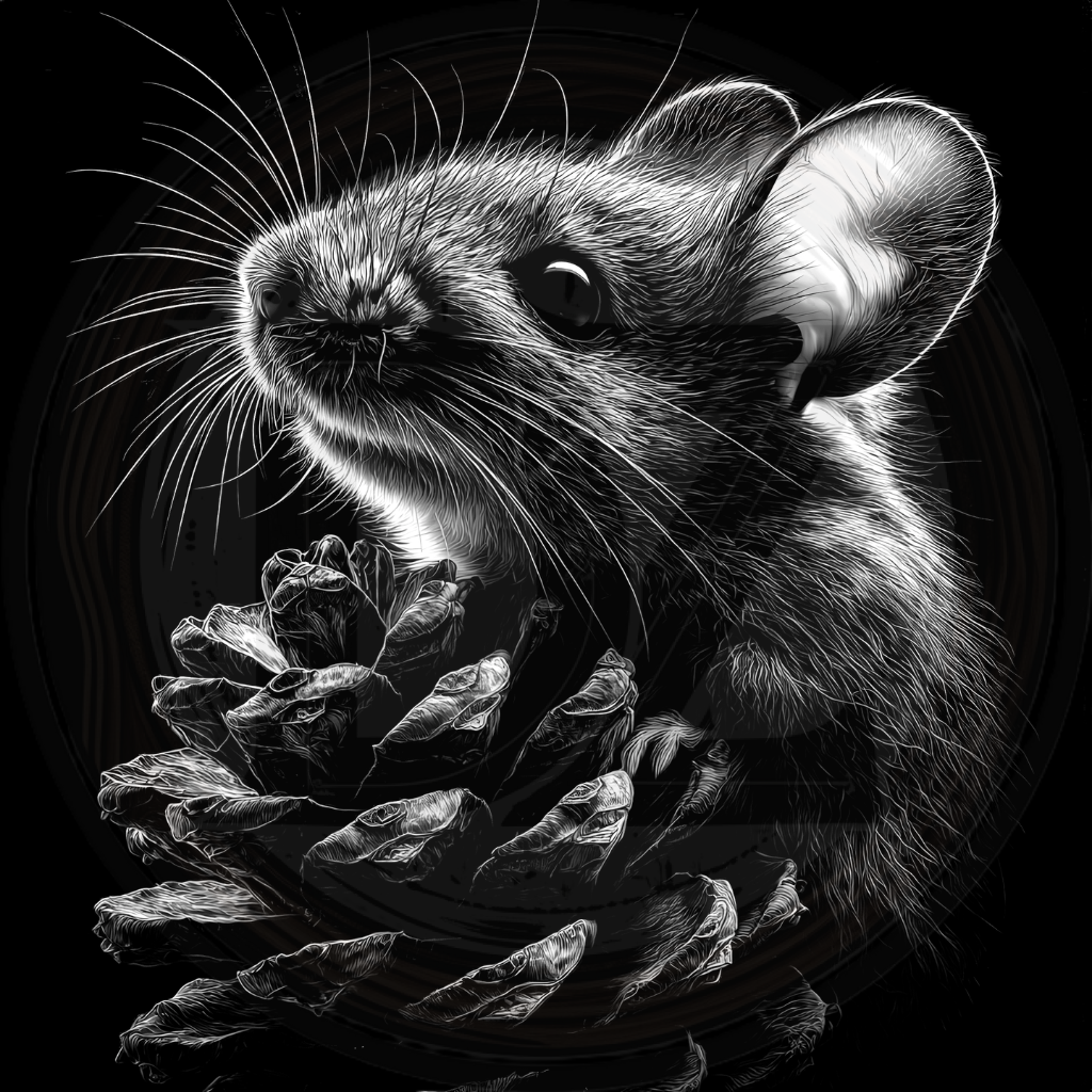 Black and white illustration of a mouse with a pine cone