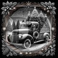 Vintage truck in a snowy landscape with Christmas trees and decorations, framed by festive elements.