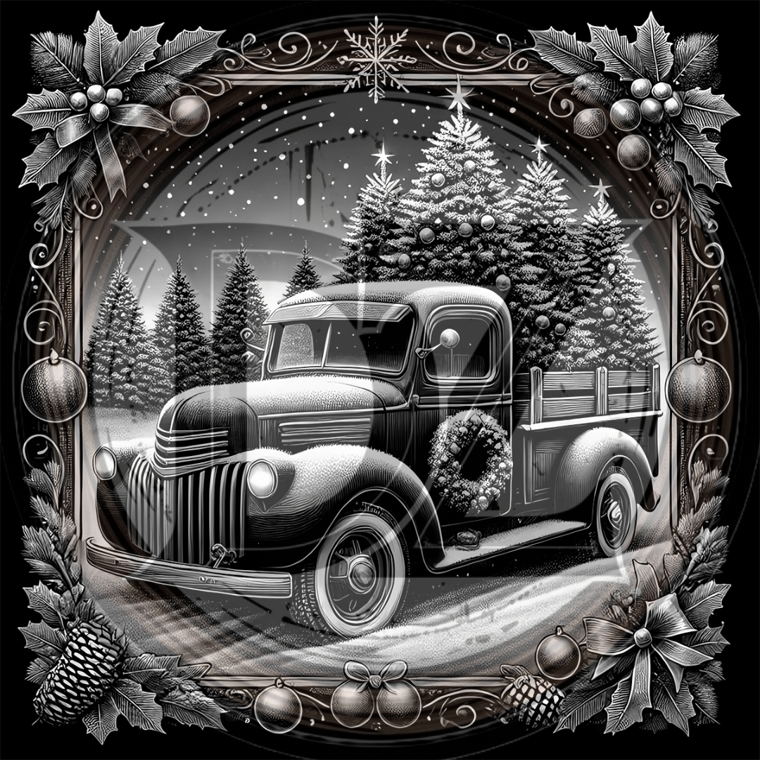 Vintage truck in a snowy landscape with Christmas trees and decorations, framed by festive elements.