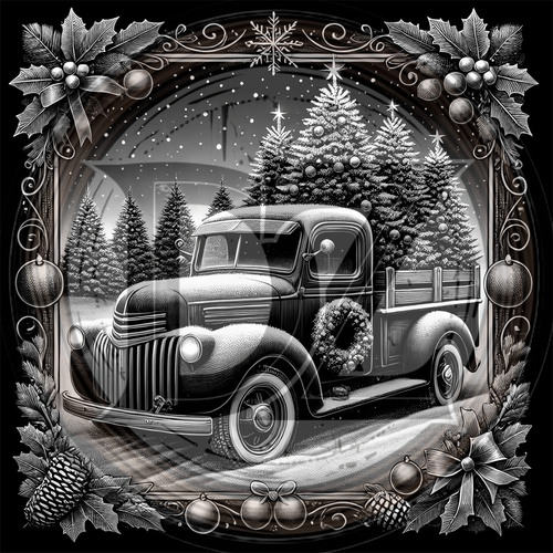 Vintage truck in a snowy landscape with Christmas trees and decorations, framed by festive elements.