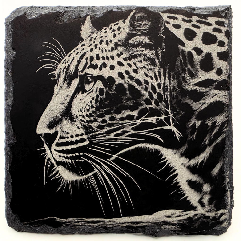 Engraved leopard design on a black background