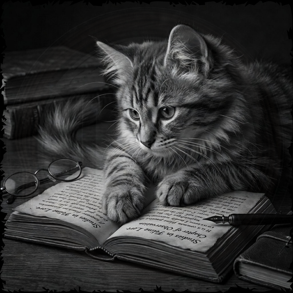 Cat lying on an open book with glasses and a quill pen nearby