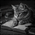 Cat lying on an open book with glasses and a quill pen nearby