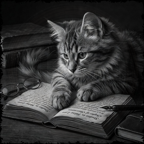 Cat lying on an open book with glasses and a quill pen nearby
