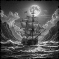 Sailing ship in a stormy sea under a full moon