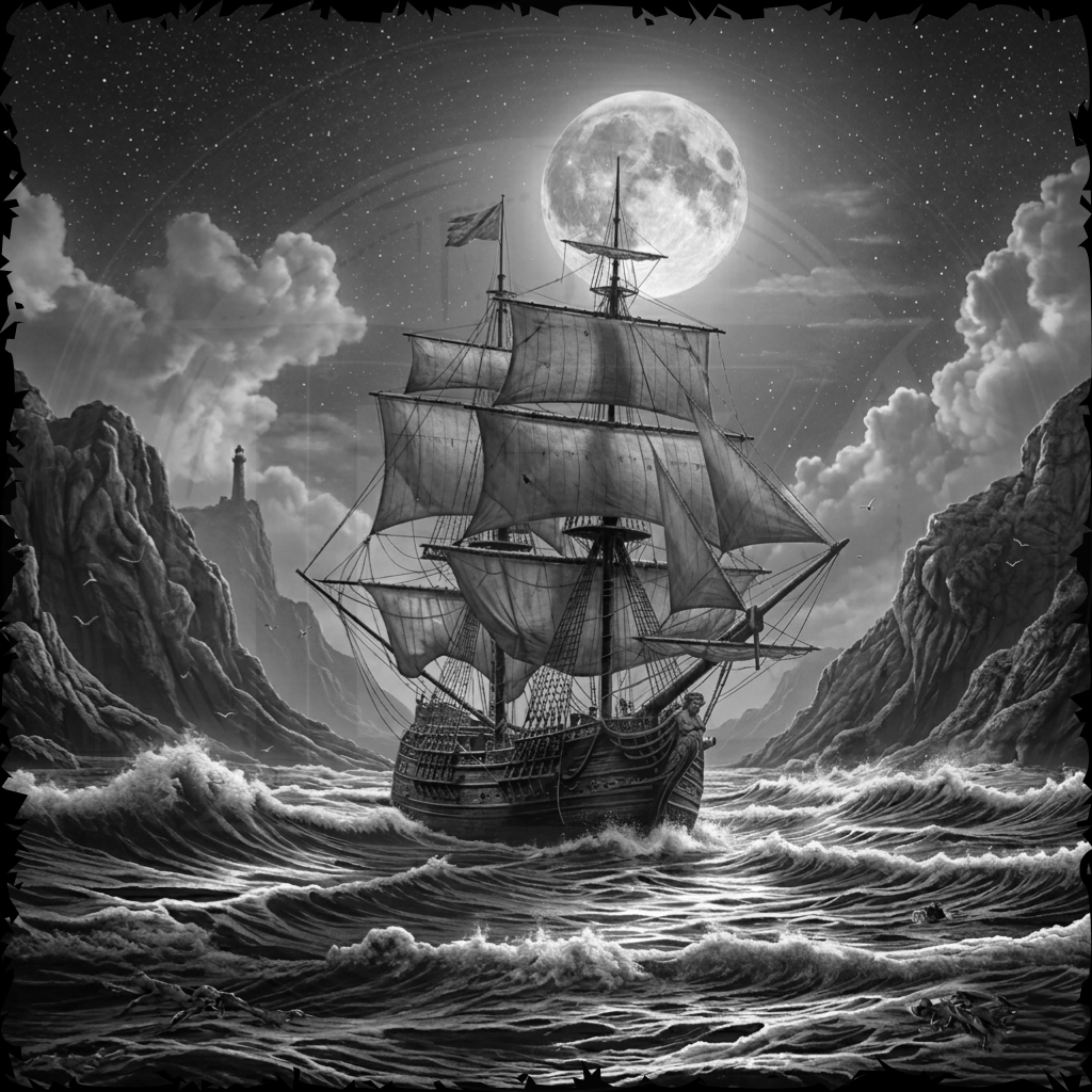 Sailing ship in a stormy sea under a full moon