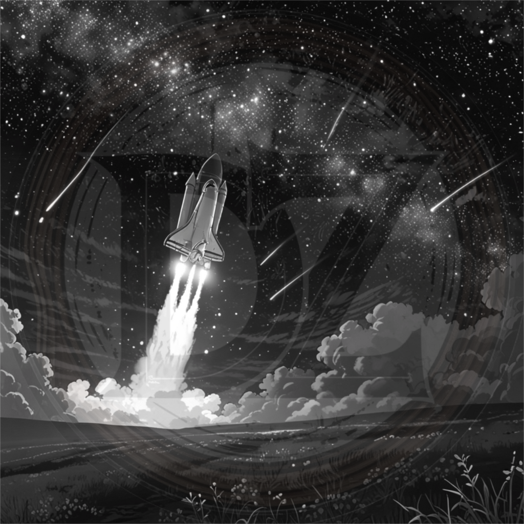 Space shuttle launching into a starry sky