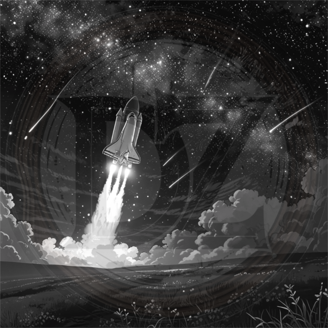 Space shuttle launching into a starry sky