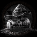Black and white image of a carved pumpkin with a witch hat on a dark background