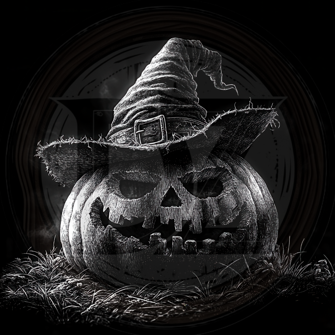 Black and white image of a carved pumpkin with a witch hat on a dark background