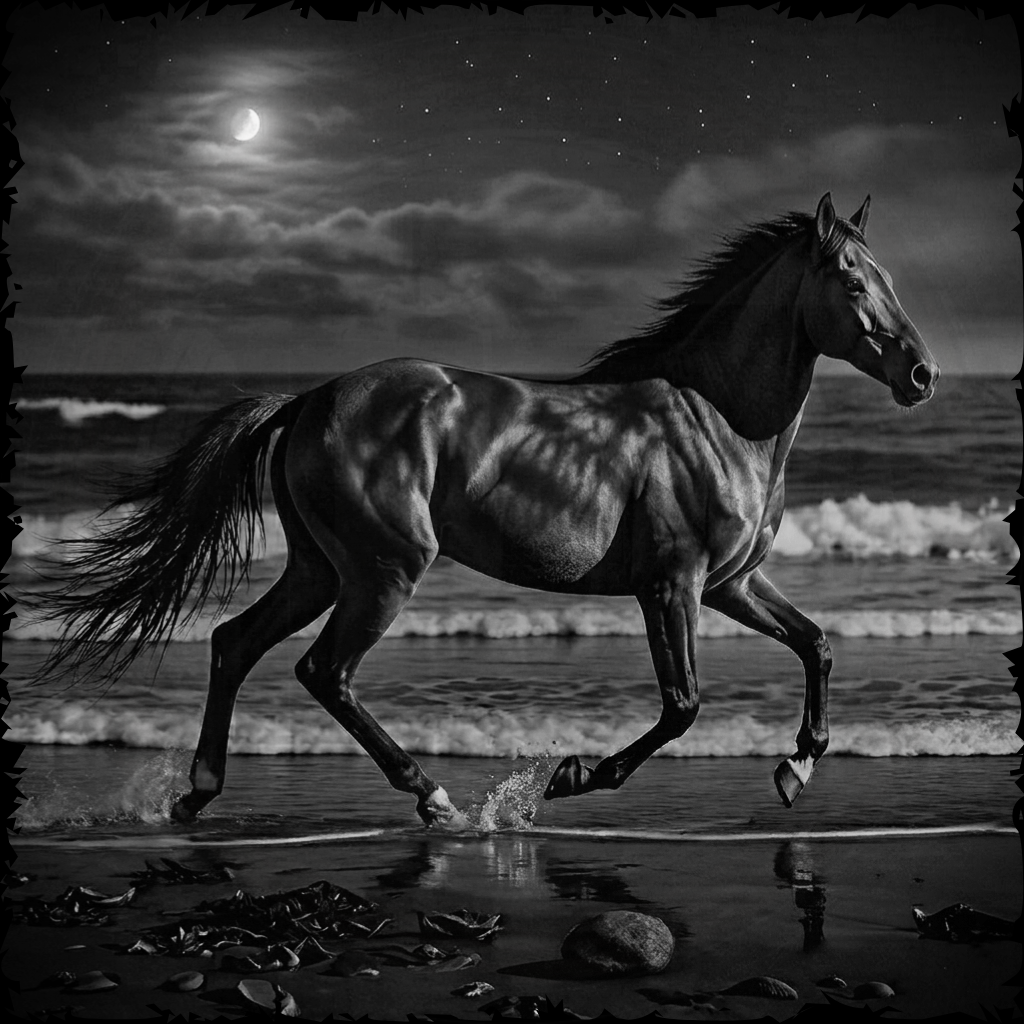 Horse running on a beach at night under a full moon