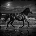 Horse running on a beach at night under a full moon
