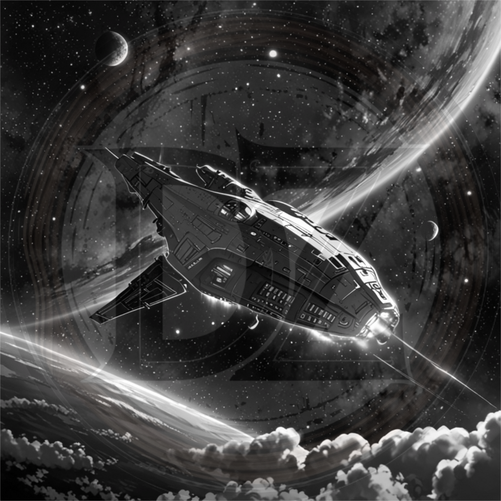 Space ship in front of a planet with a swirling nebula