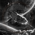 Space ship in front of a planet with a swirling nebula