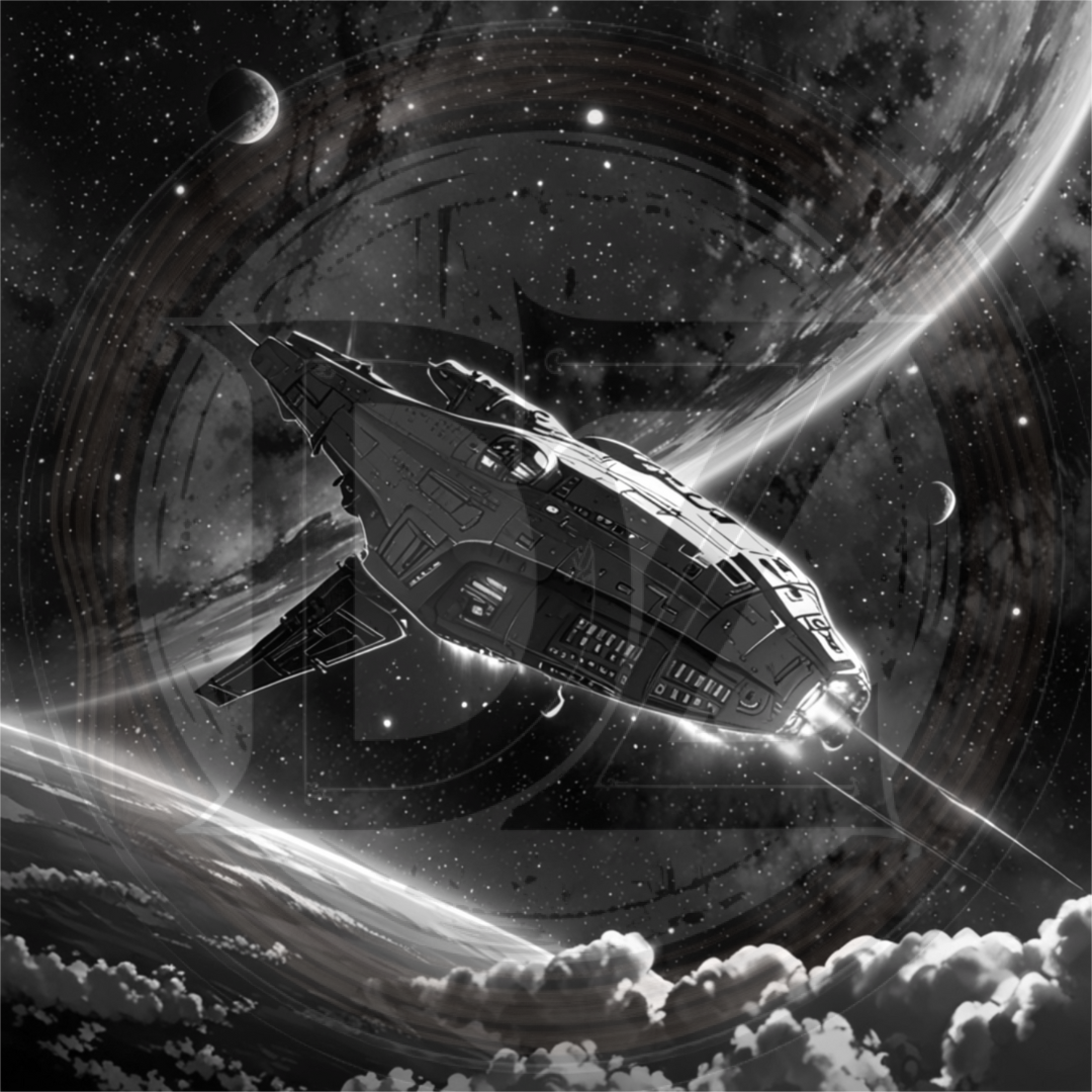 Space ship in front of a planet with a swirling nebula