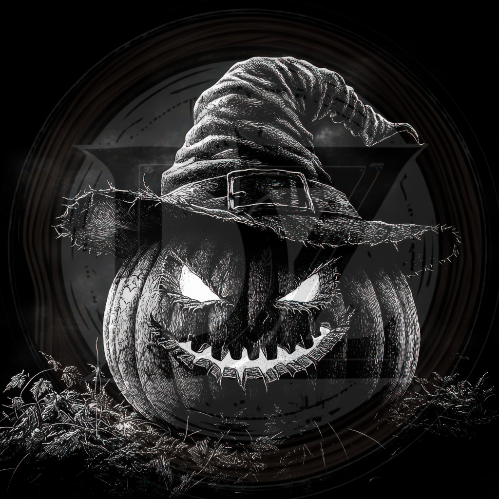 Black and white image of a carved pumpkin with a witch hat on a dark background