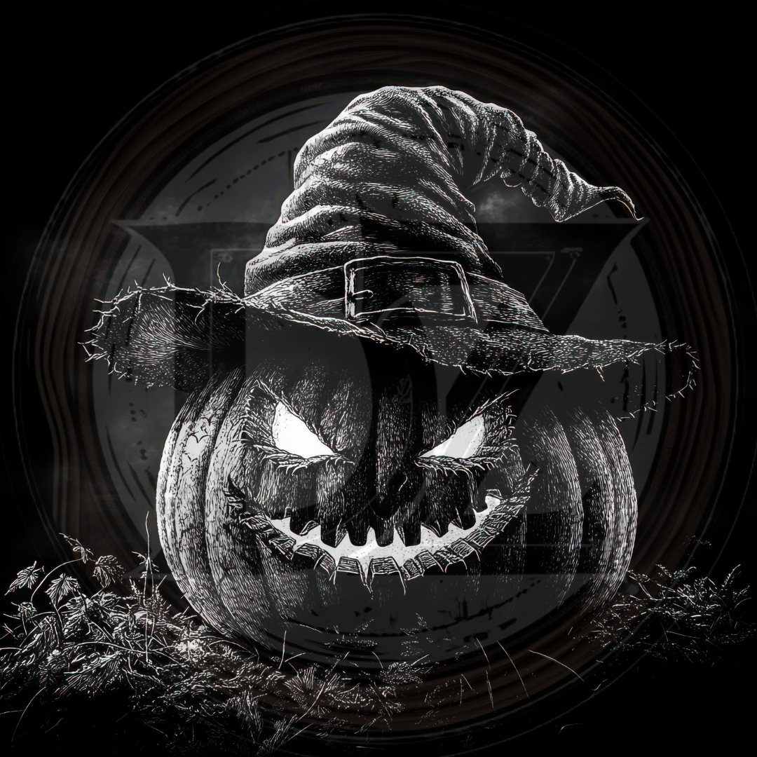 Black and white image of a carved pumpkin with a witch hat on a dark background